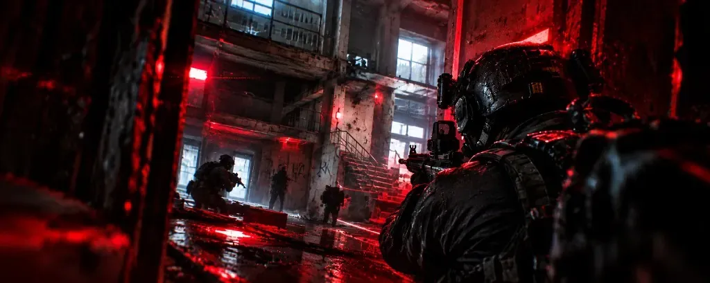 Tactical team in a red-lit industrial building, over-the-shoulder bodycam-style view.